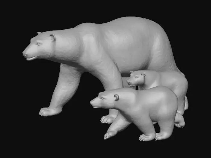3D model for polar bear with smooth texture fur and 2 cubs with 4 legs each on snow, no base