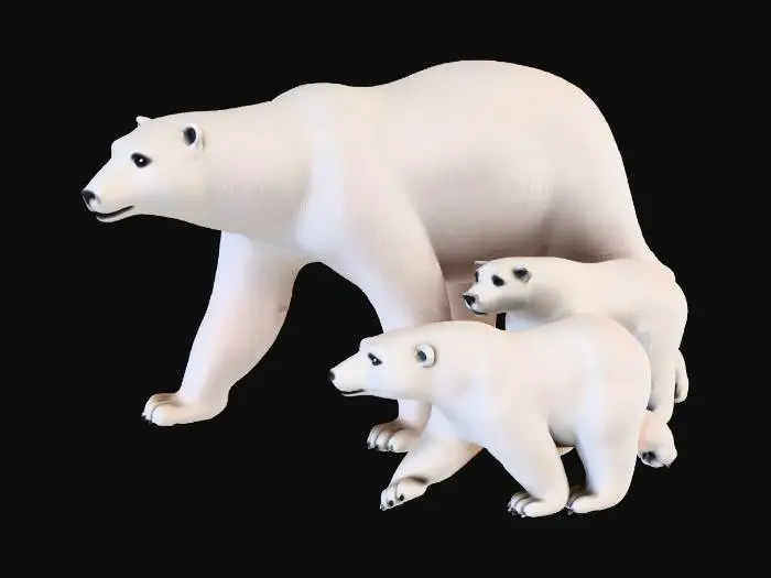 3D model for polar bear with smooth texture fur and 2 cubs with 4 legs each on snow, no base