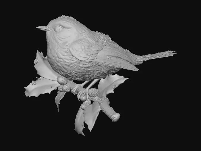 3D model for Robin redbreast, perched on a holly twig with red berries