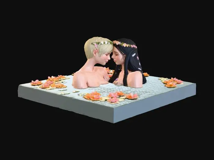 3D model for Rectangular Flat base, 20cm by 15cm,   a large lake,  Within the lake two elven maidens bathe each other just their head and some cleavage above the water level, one is blond with short cropped hair, the other is black long straight hair.
