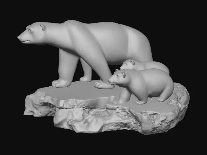3D model for polar bear with smooth texture fur and 2 cubs with 4 legs each on snow