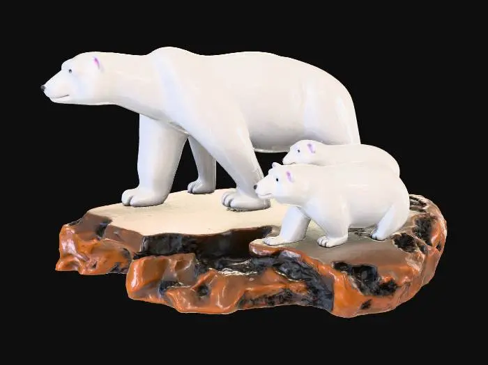 3D model for polar bear with smooth texture fur and 2 cubs with 4 legs each on snow