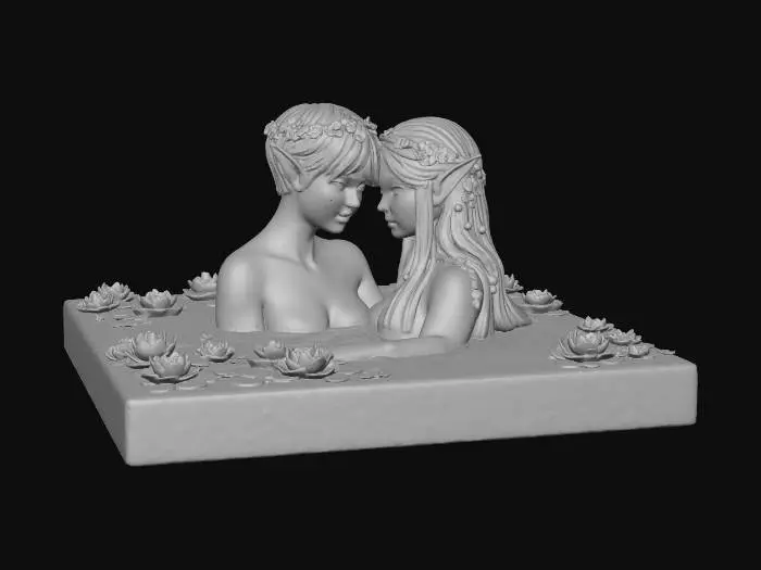 3D model for Rectangular Flat base, 20cm by 15cm,   a large lake,  Within the lake two elven maidens bathe each other just their head and some cleavage above the water level, one is blond with short cropped hair, the other is black long straight hair.