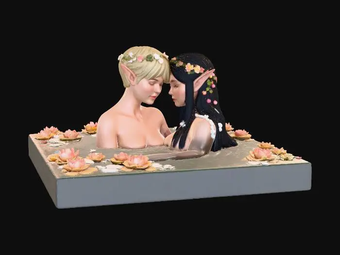 3D model for Rectangular Flat base, 20cm by 15cm,   a large lake,  Within the lake two elven maidens bathe each other just their head and some cleavage above the water level, one is blond with short cropped hair, the other is black long straight hair.