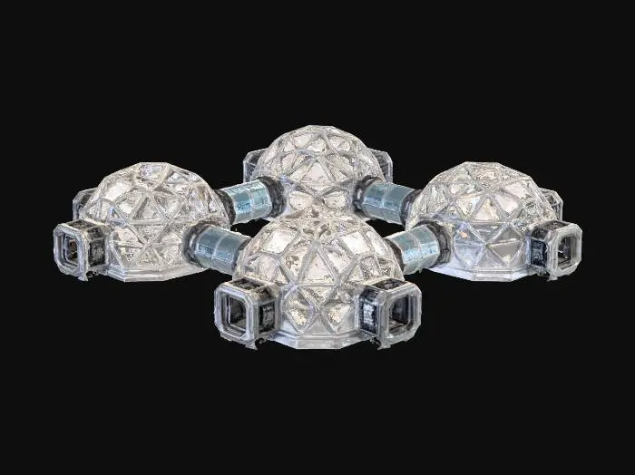 3D model for regolith based transparent silicate domed buildings. with Airlocks on all four sides.
