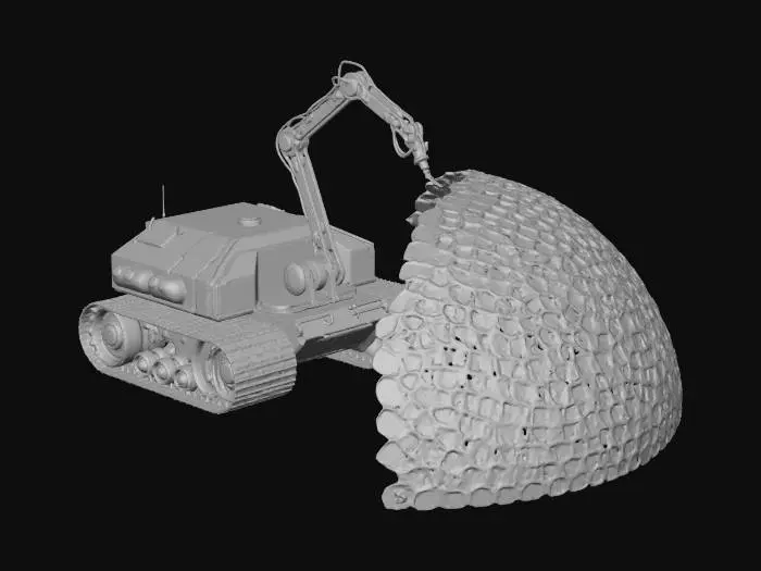 3D model for Caterpillar tracked Lunar vehicle, with robotic 3D print arm in the process of building a domed lunar shelter