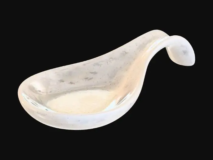 3D model for Spoon rest, is an oval bowl with shallow sides, one end has a recess to hold a spoon handle, the material is 4mm thick