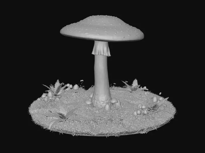3D model for A tall mushroom coloured stem, wide capped red with white spots, flat round cap toadstool in a circular grassy area with ferns and other small mushrooms and wild flowers