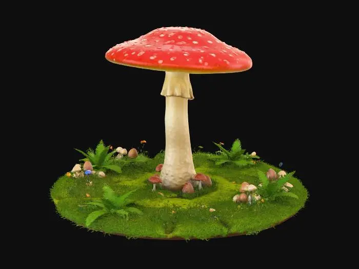 3D model for A tall mushroom coloured stem, wide capped red with white spots, flat round cap toadstool in a circular grassy area with ferns and other small mushrooms and wild flowers