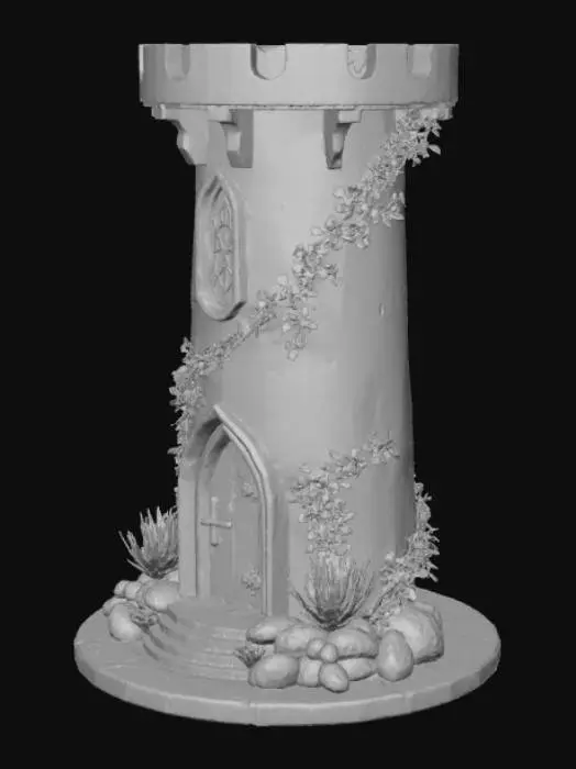 3D model for Elven tower base Circular, made from smooth white sandstone, 1 stained glass arched window each side of the single main arched doorway with double doors fully opened inwards,  Runes around the main entrance doorframe are etched in Gold, there are flower vines climbing the walls the roof is flat to accommodate a further level