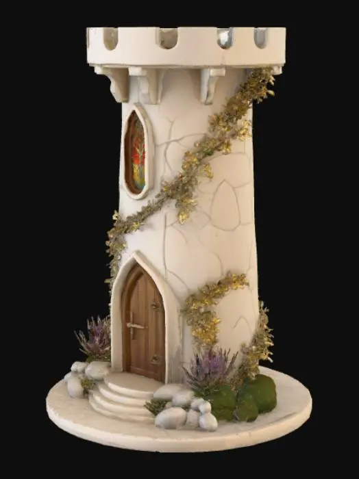 3D model for Elven tower base Circular, made from smooth white sandstone, 1 stained glass arched window each side of the single main arched doorway with double doors fully opened inwards,  Runes around the main entrance doorframe are etched in Gold, there are flower vines climbing the walls the roof is flat to accommodate a further level