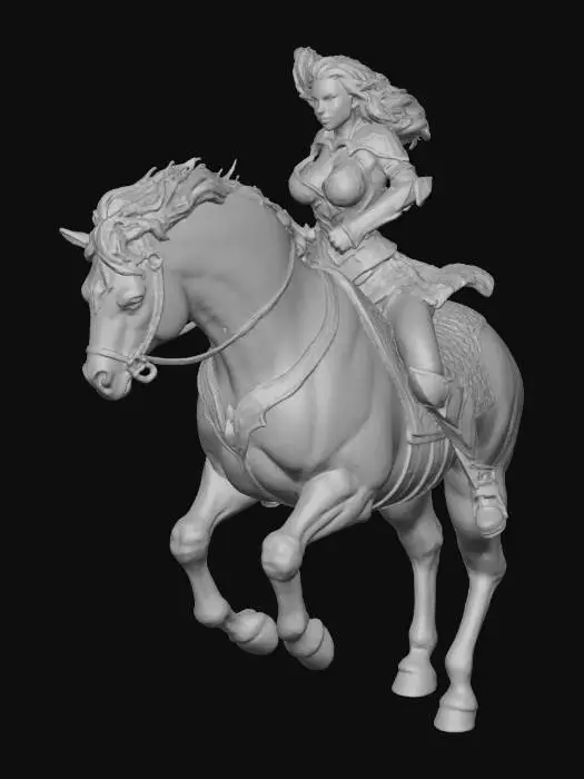 3D model for Elf, medium breasts, blond hair blowing in the wind, chainmail corset and short chainmail skirt, pointing her sword arm forward holding an elven sword, riding a white horse at full gallop