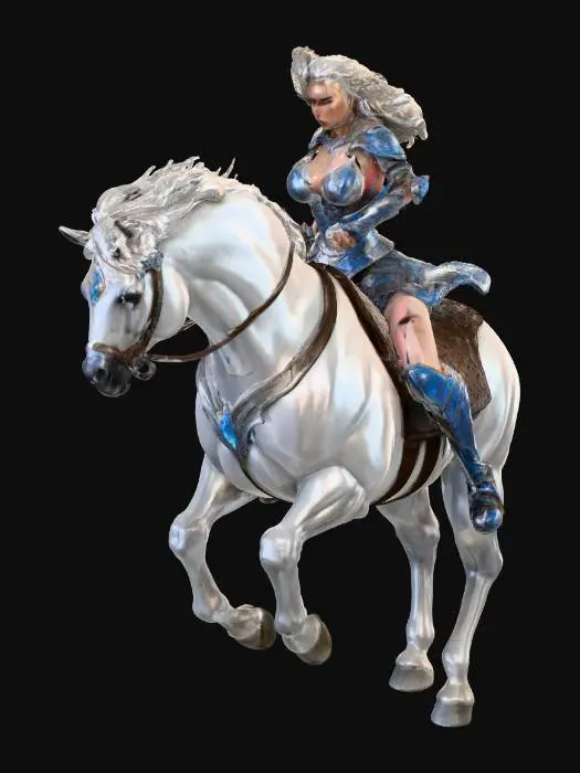 3D model for Elf, medium breasts, blond hair blowing in the wind, chainmail corset and short chainmail skirt, pointing her sword arm forward holding an elven sword, riding a white horse at full gallop
