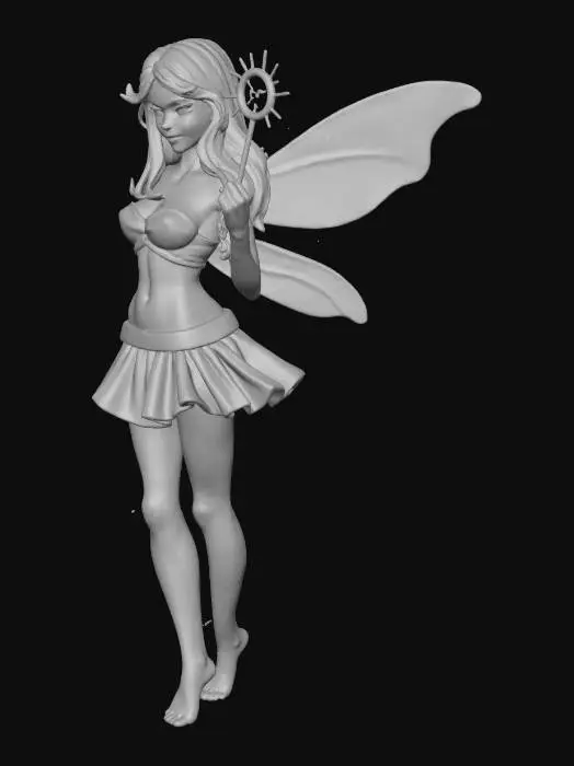 3D model for Volumptuous female fairy, with transparent wings, a fairy wand, wearing a short skimpy top and skirt
her hair is long and slightly curled and is black