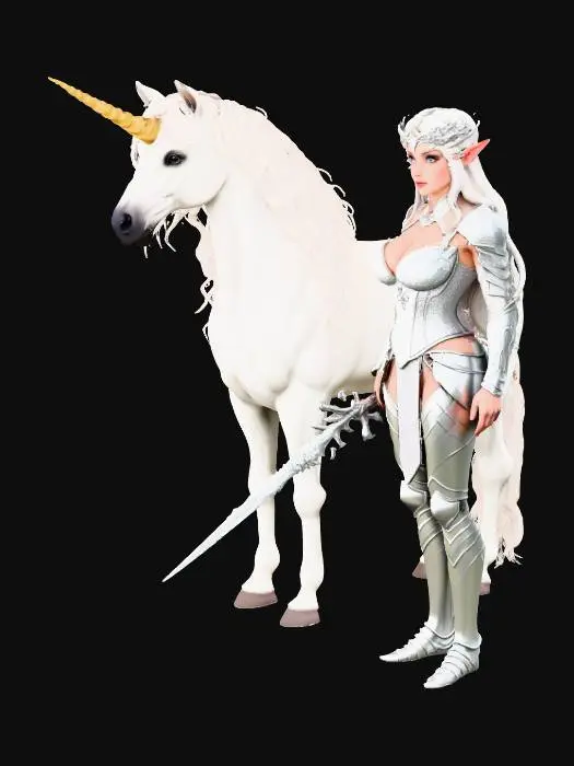 3D model for White Unicorn, in a secluded glade, a beautiful Elf with platinum hair, a glittering tiara, big breasts and a bodice,  leg armor, and boots of mithril armor Stands nearby in a relaxed stance. An elven blade in her hand