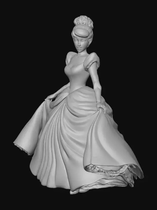 3D model for Cinderella in a flowing pale blue ball gown with crystal slippers and a diamond tiara her blond hair is in a bun