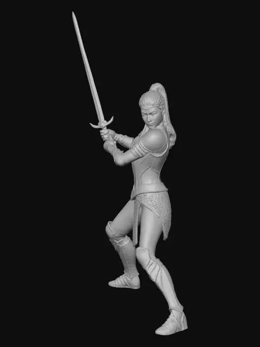 3D model for Female elf warrior, medium breasts, platinum blond hair in a ponytail,  wearing a mithril bodice and mithril mail skirt, in a sword fighter stance