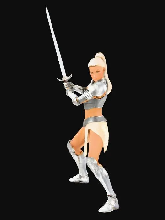 3D model for Female elf warrior, medium breasts, platinum blond hair in a ponytail,  wearing a mithril bodice and mithril mail skirt, in a sword fighter stance