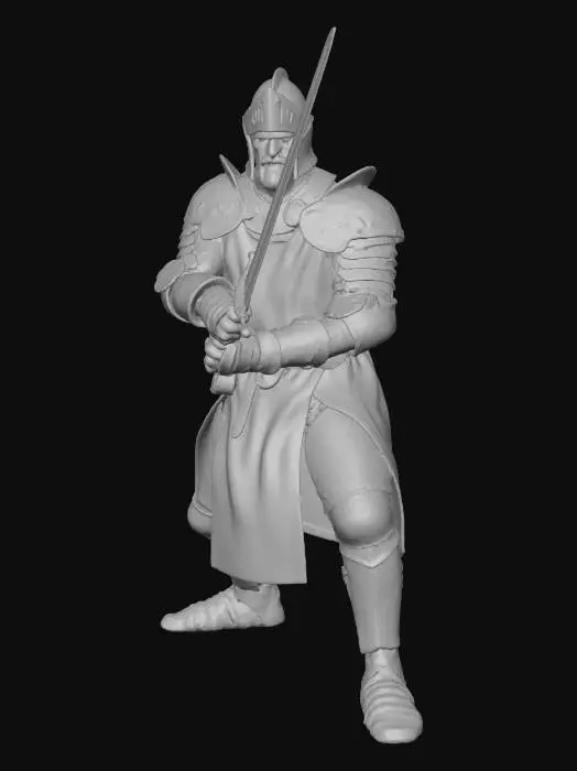 3D model for Crusader knight, Tabard with red cross of St George, on white background, broadsword fighting stance, helmet visor open
