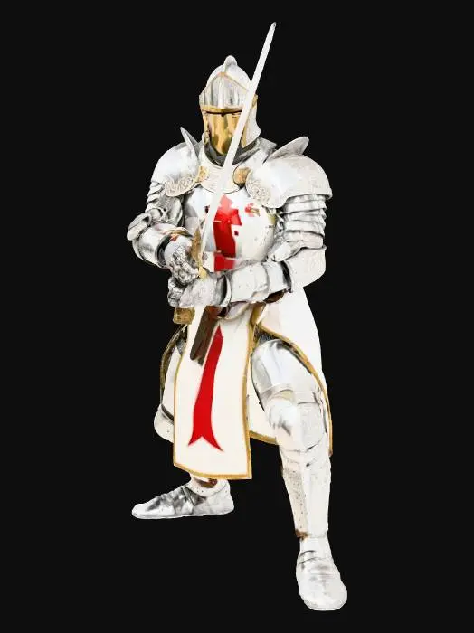 3D model for Crusader knight, Tabard with red cross of St George, on white background, broadsword fighting stance, helmet visor open