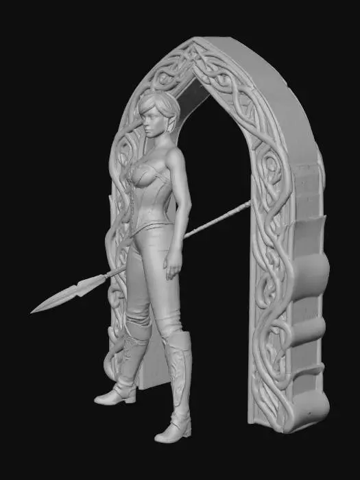 3D model for Elf, standing in an Elven Doorway , short crop hair, blond, medium breasts, silk bodice corset, leather skin tight pants, long leg leather boots, holding a spear, legs apart