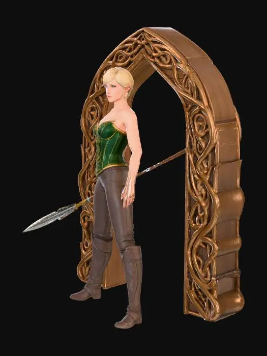 3D model for Elf, standing in an Elven Doorway , short crop hair, blond, medium breasts, silk bodice corset, leather skin tight pants, long leg leather boots, holding a spear, legs apart