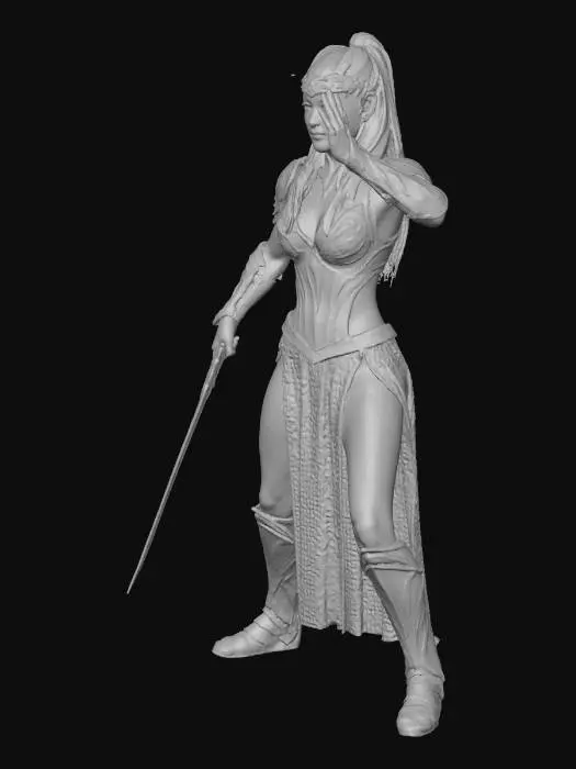 3D model for Female elf warrior, medium breasts, platinum blond hair in a ponytail,  wearing a mithril bodice and mithril mail skirt, in a sword fighter stance