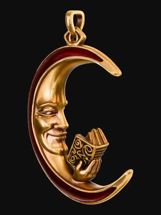 3D model for Man in the moon, crescent shape with the face on the inside curve, he  is reading a book, colours of gold, red, all in profile, with an eye on the top for hanging on a tree