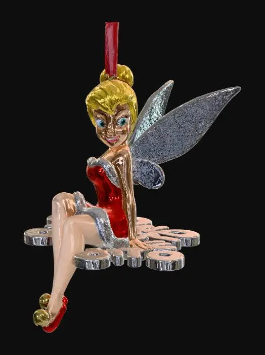 3D model for Tinkerbell as a christmas tree ornament in a red santa outfit, sitting on a snowflake