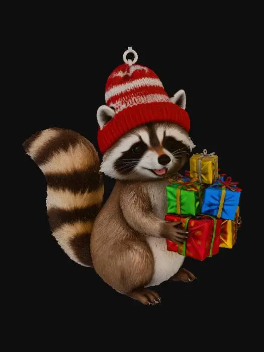 3D model for Racoon in a christmas hat carrying presents, as a Christmas tree ornament, an eyelet for hanging on his hat