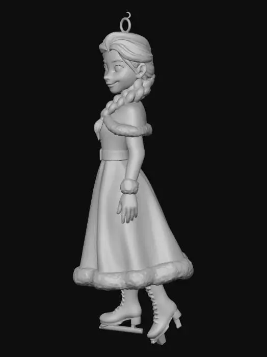 3D model for Frozen's  Elsa, as a Christmas tree ornament, in a Santa dress, an eyelet on top of her head with no string or ribbon, full body wearing ice skates in silver