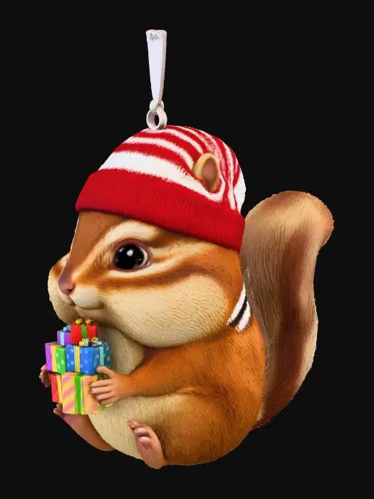 3D model for chipmunk in a Christmas hat carrying presents, as a Christmas tree ornament, an eyelet for hanging on his hat, #Christmas2025#