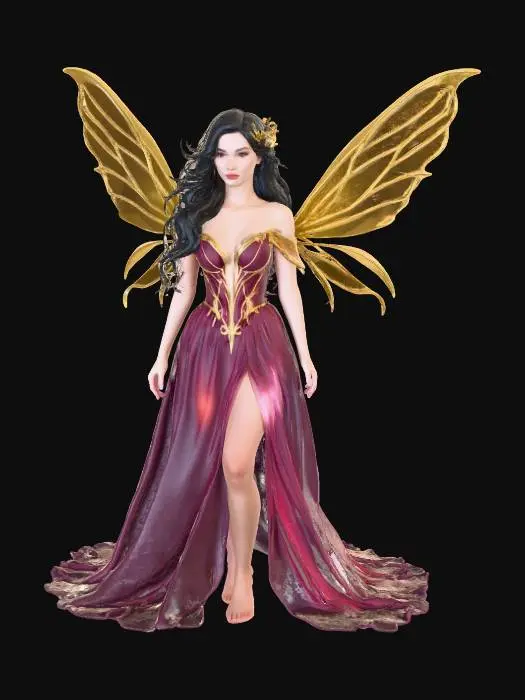 3D model for fairy with translucent gold wings, long black hair with a slight curl, a long flowing red translucent dress that is off the shoulder and covers large breasts