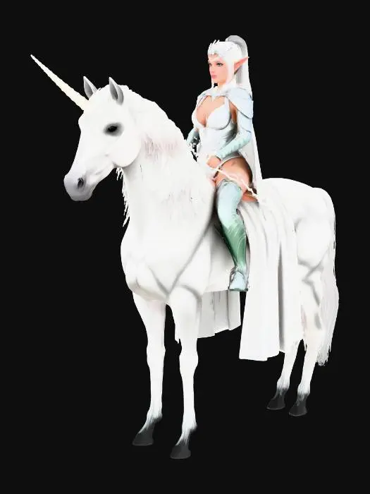 3D model for full size White Unicorn, with no saddle or stirrups in a secluded glade, has a rider, a beautiful Elf with platinum hair in a ponytail, a glittering tiara, big breasts and a bodice,  leg armor, and boots of mithril, a white cape is a on her shoulders and runs over the Unicorns rump, one hand on the Unicorns neck. An elven wand in her other hand, pointing forward