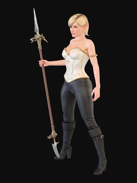 3D model for Elf, standing in an Elven Doorway , short crop hair, blond, medium breasts, silk bodice corset, leather skin tight pants, long leg leather boots, holding a spear, legs apart