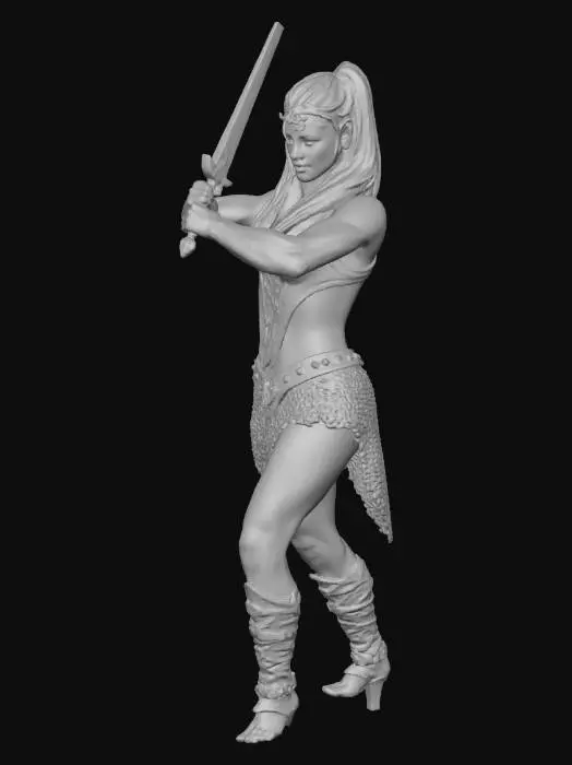 3D model for Female elf warrior, medium breasts, platinum blond hair in a ponytail,  wearing a mithril bodice and mithril mail skirt, in a sword fighter stance