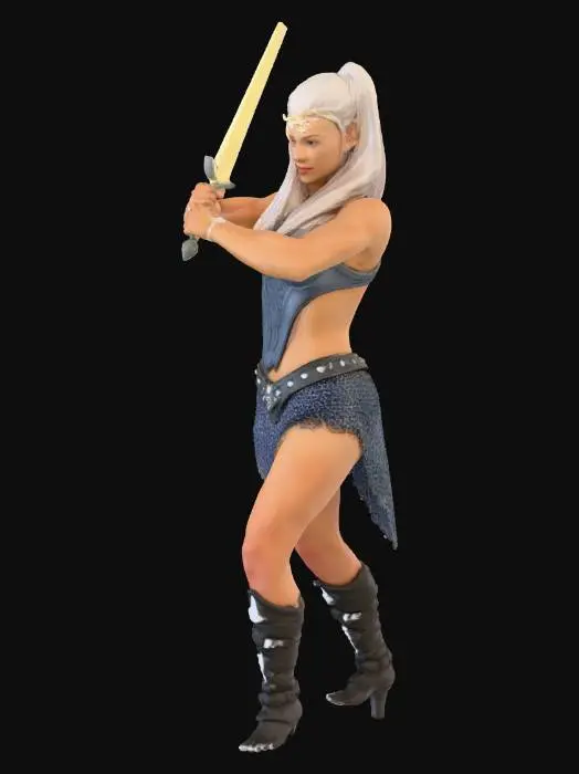 3D model for Female elf warrior, medium breasts, platinum blond hair in a ponytail,  wearing a mithril bodice and mithril mail skirt, in a sword fighter stance