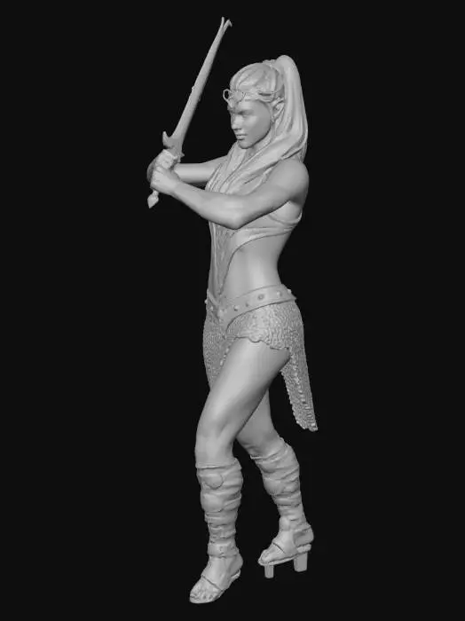3D model for Female elf warrior, medium breasts, platinum blond hair in a ponytail,  wearing a mithril bodice and mithril mail skirt, in a sword fighter stance