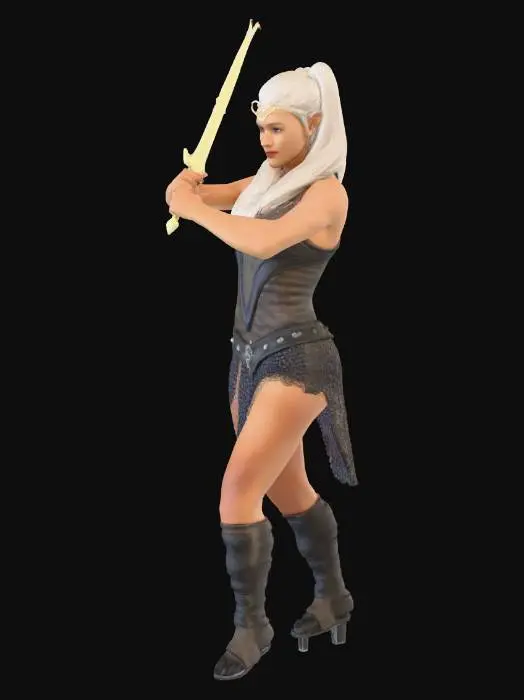3D model for Female elf warrior, medium breasts, platinum blond hair in a ponytail,  wearing a mithril bodice and mithril mail skirt, in a sword fighter stance