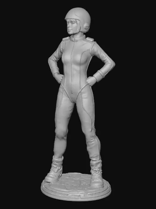 3D model for melody from the tv series captain scarlet. in a white and gold trim flight suit with white helmet, she has black hair in a short bob cut