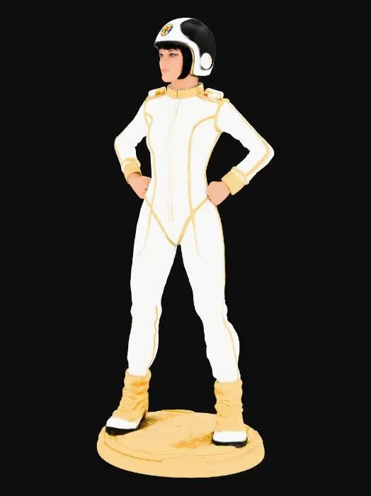 3D model for melody from the tv series captain scarlet. in a white and gold trim flight suit with white helmet, she has black hair in a short bob cut