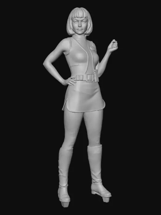3D model for Andrea Allen, moon base operative from the tv series UFO. in a silver skirt and bodice with a fish net under vest, she has purple hair in a short bob cut