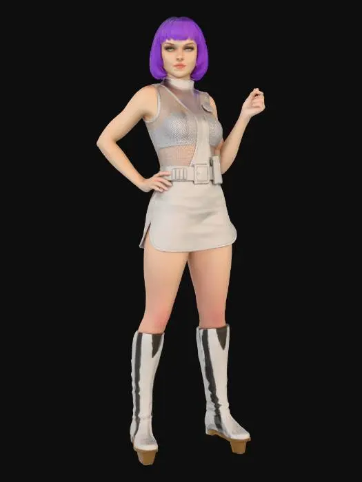 3D model for Andrea Allen, moon base operative from the tv series UFO. in a silver skirt and bodice with a fish net under vest, she has purple hair in a short bob cut