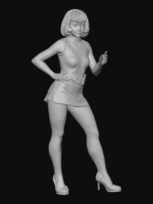 3D model for Andrea Allen, moon base operative from the tv series UFO. in a silver skirt and bodice with a fish net under vest, she has purple hair in a short bob cut
