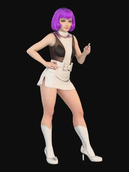 3D model for Andrea Allen, moon base operative from the tv series UFO. in a silver skirt and bodice with a fish net under vest, she has purple hair in a short bob cut