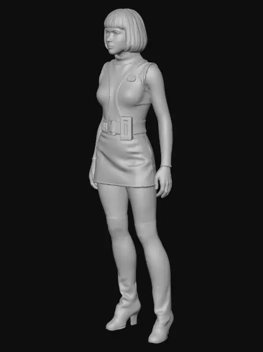 3D model for andrea allen moonbase operative from the tv series UFO. in a silver skirt and bodice with a net under blouse, she has purple hair in a short bob cut