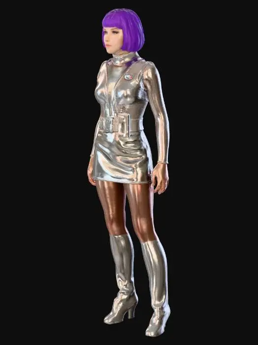 3D model for andrea allen moonbase operative from the tv series UFO. in a silver skirt and bodice with a net under blouse, she has purple hair in a short bob cut