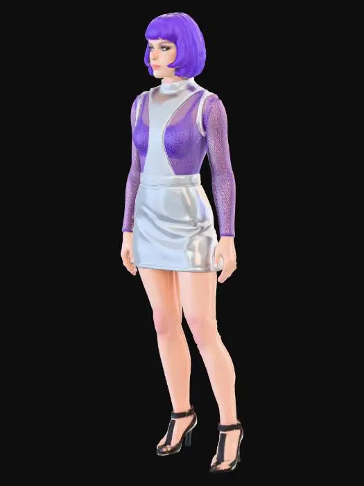 3D model for andrea allen moonbase operative from the tv series UFO. in a silver skirt and bodice with a net under blouse, she has purple hair in a short bob cut