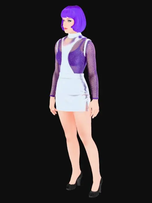 3D model for andrea allen moonbase operative from the tv series UFO. in a silver skirt and bodice with a net under blouse, she has purple hair in a short bob cut