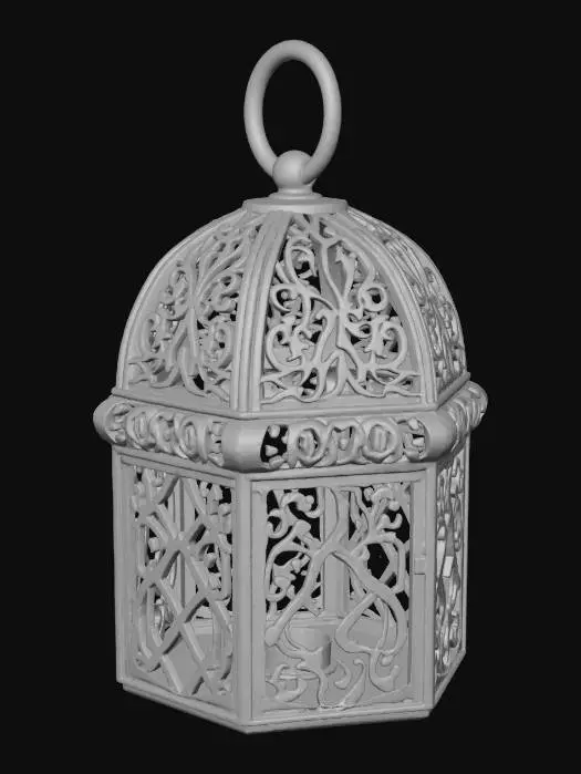 3D model for #Christmas2025#, Lantern made from brass, with no glass just the frame and top, with a brass ring on the top to hang it by. there needs to be enough space in the sides to place a candle, depict the model with no candle